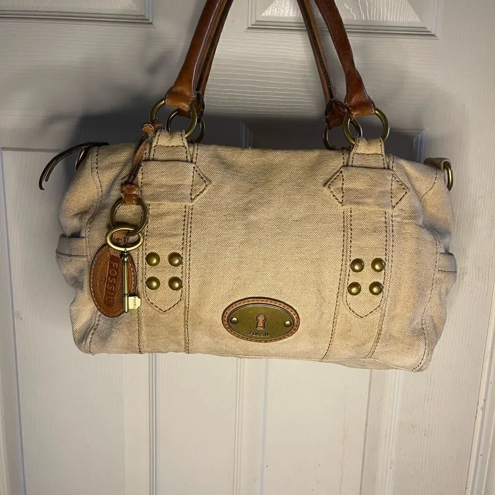 Fossil long live vintage khaki burlap Boston bag with leather tan straps .